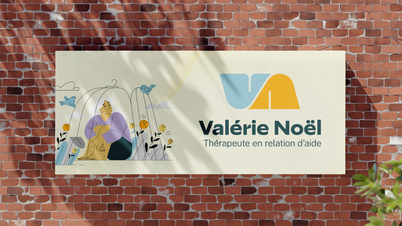 Sur un mur de briques, un panneau affiche "Valérie Noël, Thérapeute en relation d'aide" avec un logo stylisé et l'illustration d'une personne entourée de plantes et d'oiseaux.