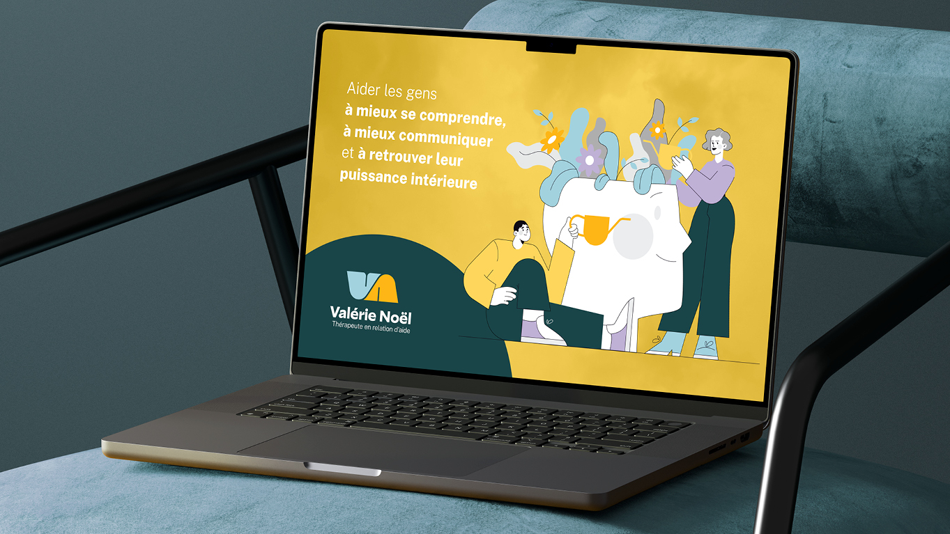 Un ordinateur portable posé sur une chaise affiche une diapositive illustrée avec un texte en français et le logo de Valérie Noël, montrant des personnes interagissant autour d'une grande tête.