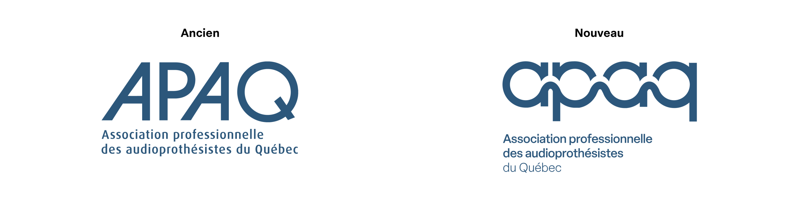 Comparaison côte à côte de l'ancien logo de l'APAQ et du nouveau logo de l'Association professionnelle des audioprothésistes du Québec.