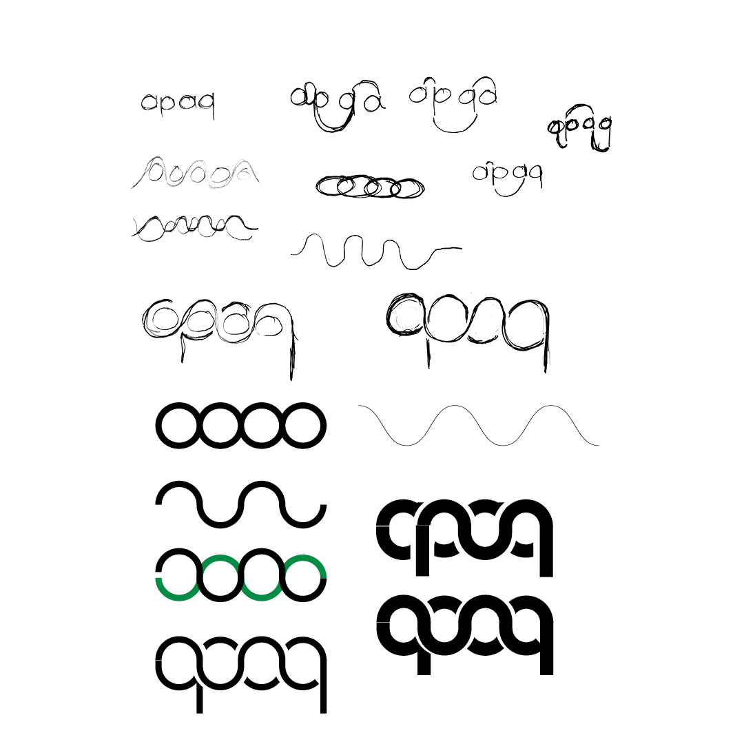 Une grille composée de dessins abstraits au trait, en noir et vert, représentant des variations de formes en boucle, circulaires et ondulées, dans différents styles et épaisseurs.