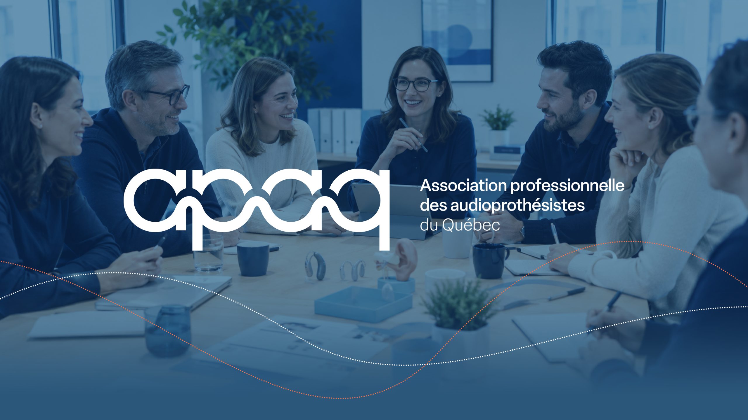 Un groupe de six personnes est assis autour d'une table de réunion. Le logo et le texte de l'Association professionnelle des audioprothésistes du Québec sont visibles.