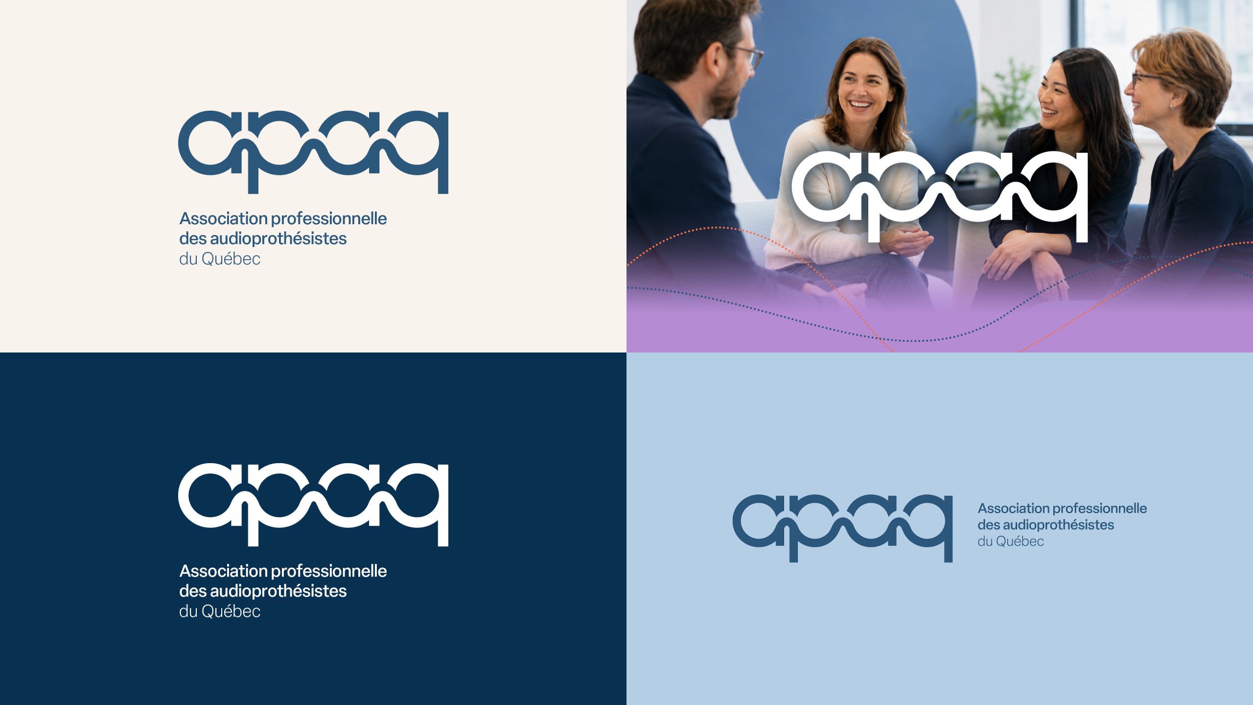 Image composée de quatre panneaux représentant le logo de l'APAQ dans deux combinaisons de couleurs, un groupe de personnes en train de discuter et le texte : « Association professionnelle des audioprothésistes du Québec » en français.