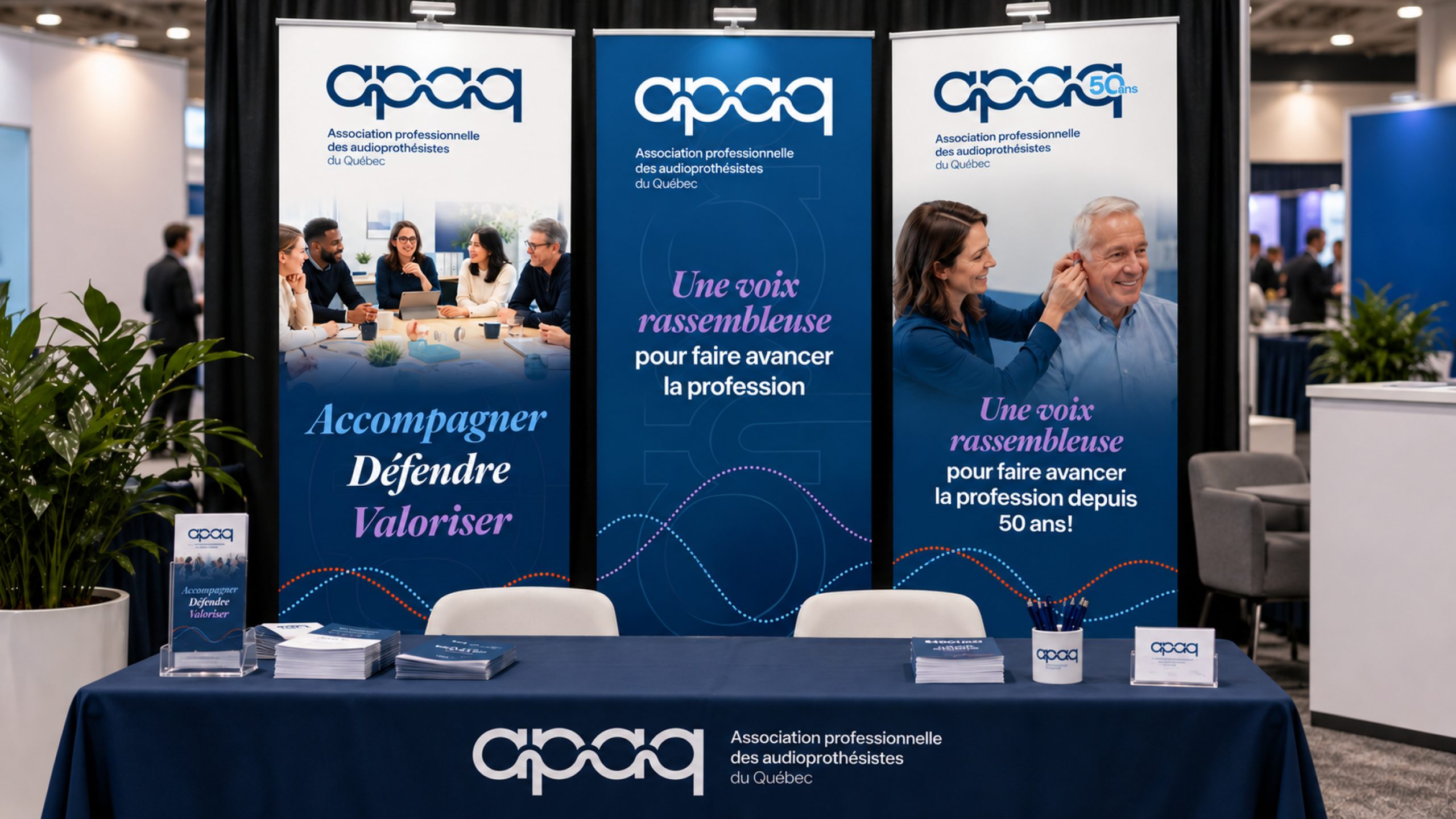 Stand d'exposition pour l'Association professionnelle des audioprothésistes du Québec, comprenant des bannières, des brochures et une table avec du matériel à l'effigie de l'association.