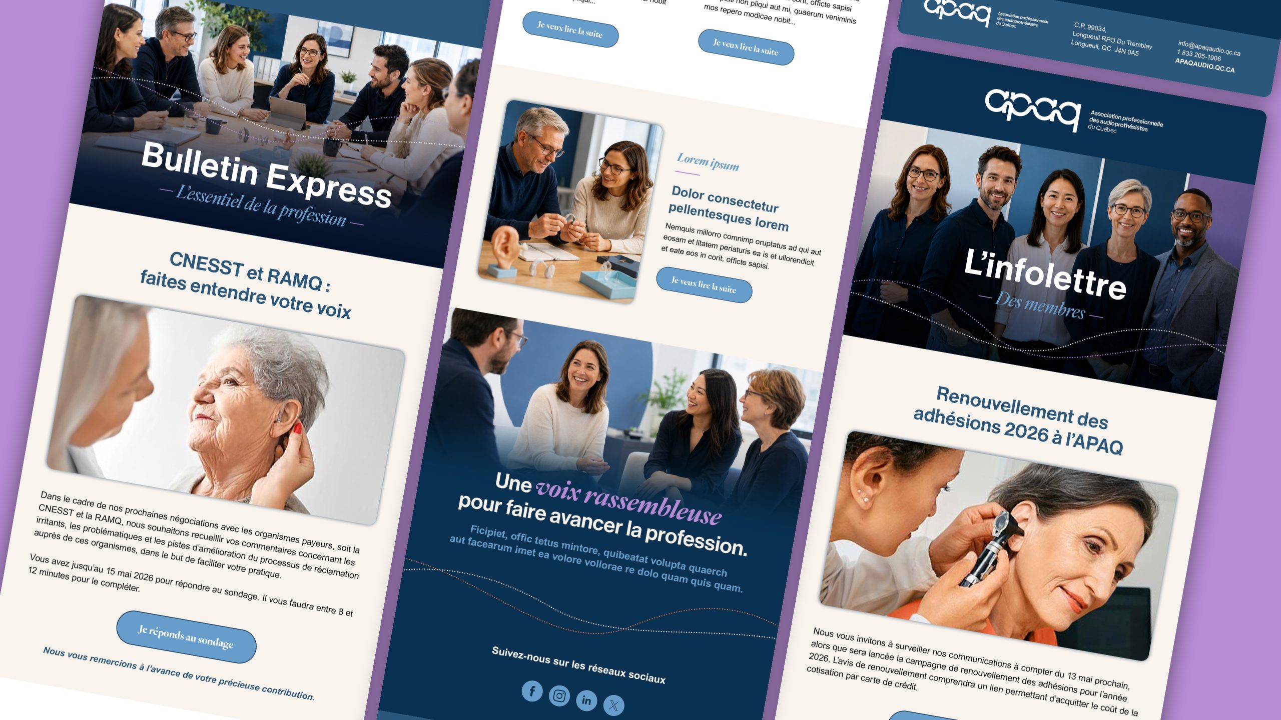 Trois mises en page de lettres d'information en français, illustrées de photos professionnelles montrant des personnes en réunion ou lors de consultations médicales, accompagnées de titres traitant de l'actualité professionnelle et du renouvellement d'adhésion.